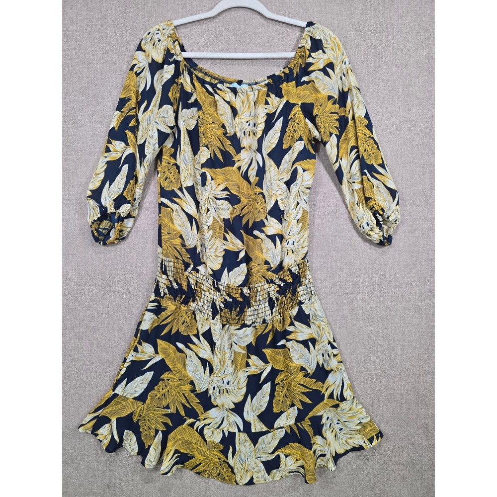 Veronica M Tropical Palm Leaf Smocked Drop Waist Mini Dress Navy Yellow Medium